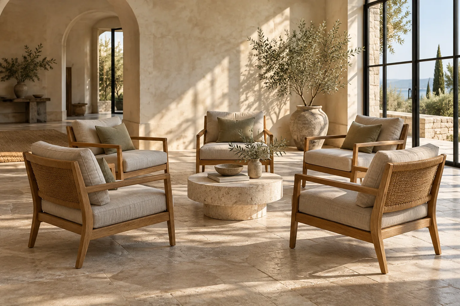 Illustrative sunlit room with linen chairs arranged in a circle